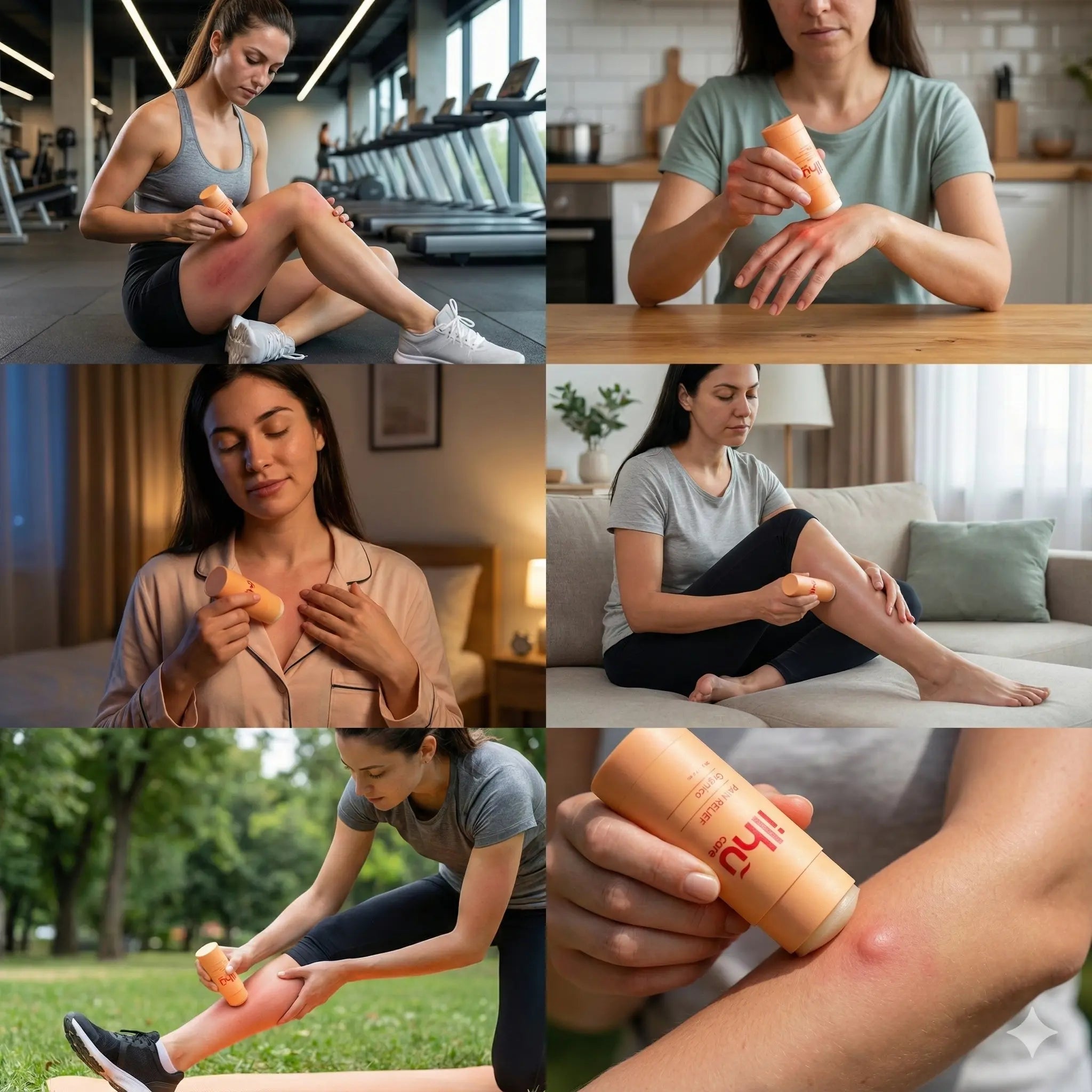 Usos del Pain Relief de ILHŨ CARE aplicado por mujeres en diferentes zonas del cuerpo con dolor marcado.